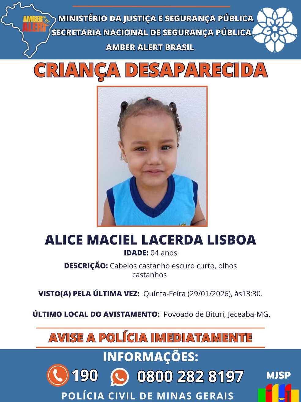 Alerta de desaparecimento da menina Alice Maciel Lacerda Lisboa — Foto: MJSP