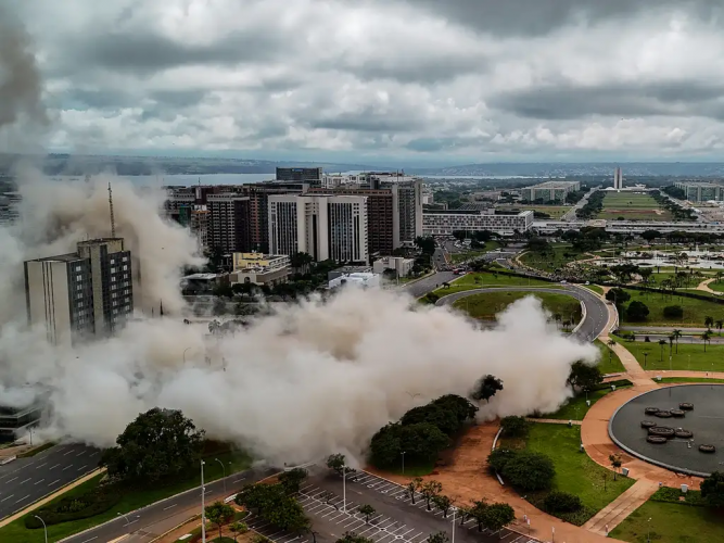 Fumaça no centro de Brasília após Torre Palace Hotel ser implodido